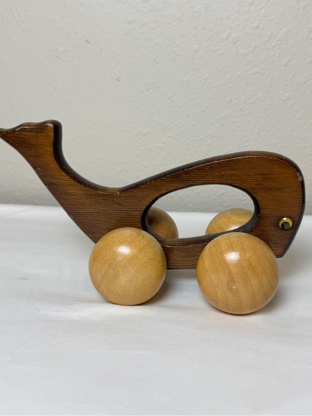 Vintage MCM Wooden Whale Rolling Toy Googly Eye Handcrafted 9"